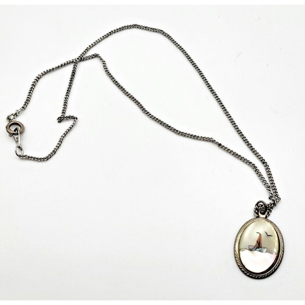 Antique mother of pearl boat inlay & silver pendant Artistry Signed 16in - Picture 2 of 6